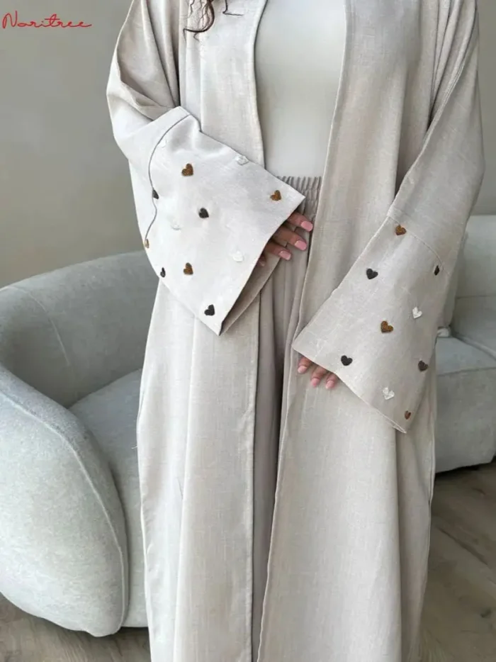 Love Embroidery Kimono With Belt Oversized Muslim Robe abaya syari female full length Muslim abaya Worship Service abayas wy1926 1