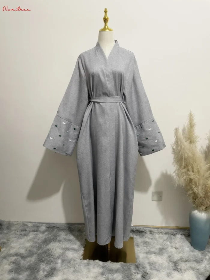 Love Embroidery Kimono With Belt Oversized Muslim Robe abaya syari female full length Muslim abaya Worship Service abayas wy1926 6