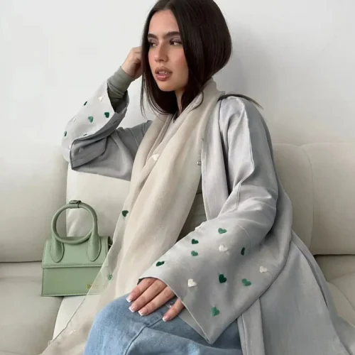 Love Embroidery Kimono With Belt Oversized Muslim Robe abaya syari female full length Muslim abaya Worship Service abayas wy1926 2